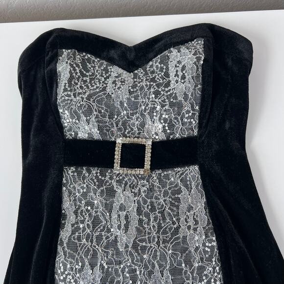 Vintage Y2K Strapless Mini Dress Lace Velvet Black Sequins sz 5 whimsigoth prom - Picture 2 of 7